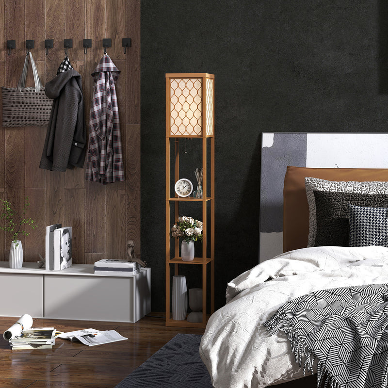 Three Shelf Wooden Standing Floor Lamp with Linen Shade for Living Room by HOMCOM