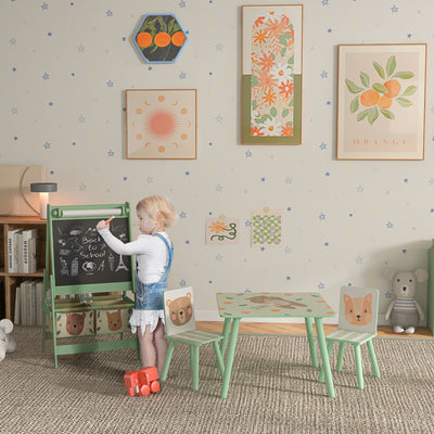 Kids Table and Chair Set with Easel and Storage Baskets for Creative Play, Green