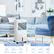 Portable air conditioner in a living room with text indicating wind modes and speeds.