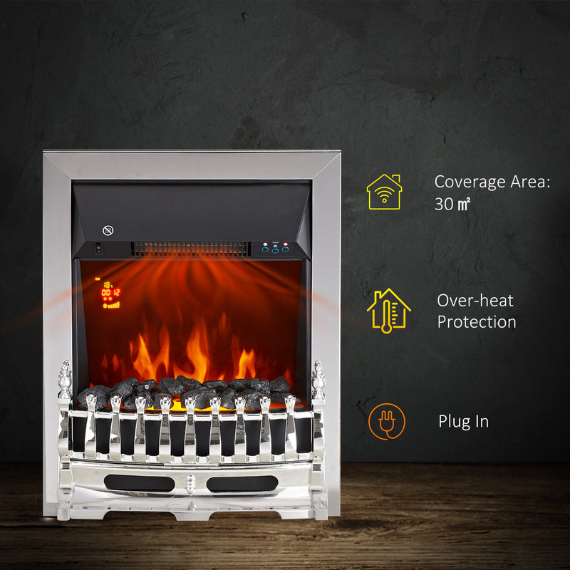 Electric Inset Fireplace with Adjustable Heat and Realistic Coal Effect Silver