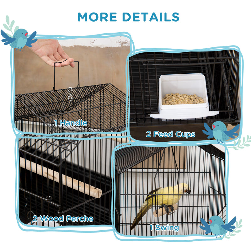 Metal Bird Cage With Swing Perch Tray And Handle For Finches And Budgies, Black