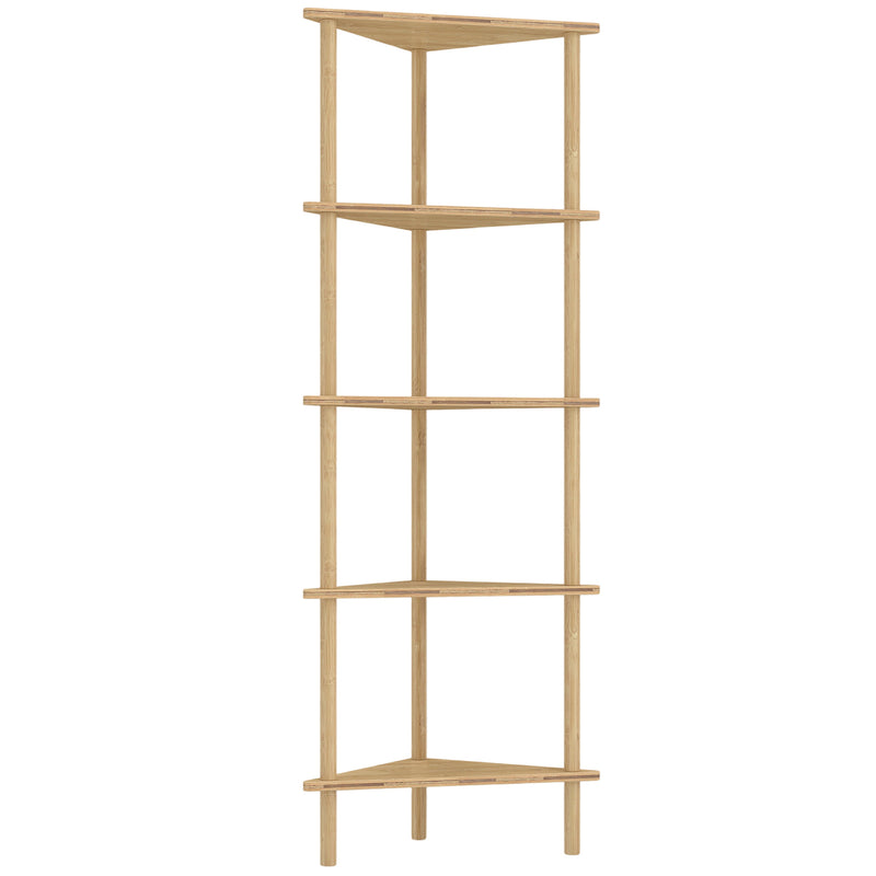 Bathroom Corner Shelf 5 Tier Bamboo Storage for Toiletries and Towels Natural Wood Finish