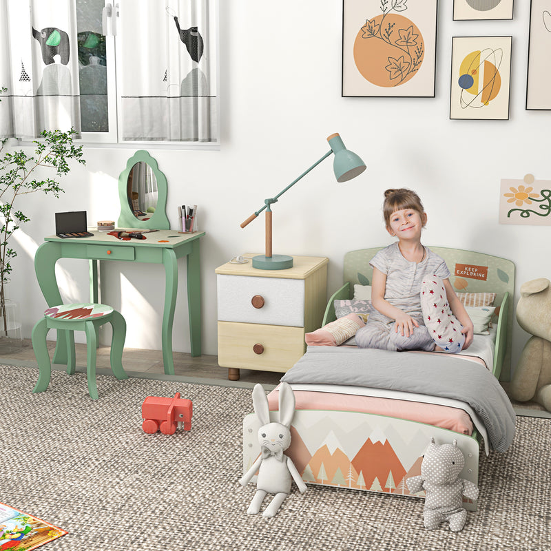 Toddler Bed and Dressing Table Set with Mirror and Stool for Kids Aged 3 to 6 Green AOSOM