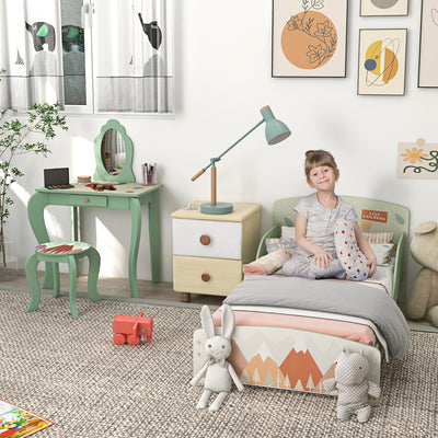 Toddler Bed and Dressing Table Set with Mirror and Stool for Kids Aged 3 to 6 Green AOSOM