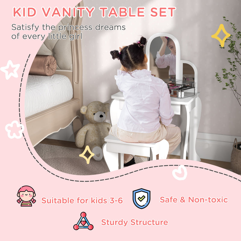 Kids Dressing Table Set With Mirror and Storage Drawer Ideal for Bedroom Playtime White