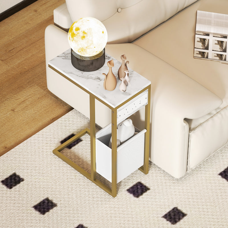 White C Shaped Side Table with USB Charging Station and Faux Marble Top for Living Room