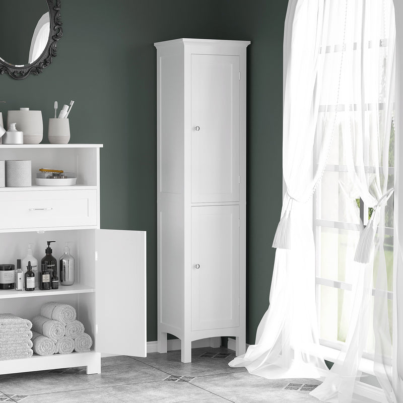 Tall Slim Bathroom Storage Cabinet With Adjustable Shelves And Double Doors, White