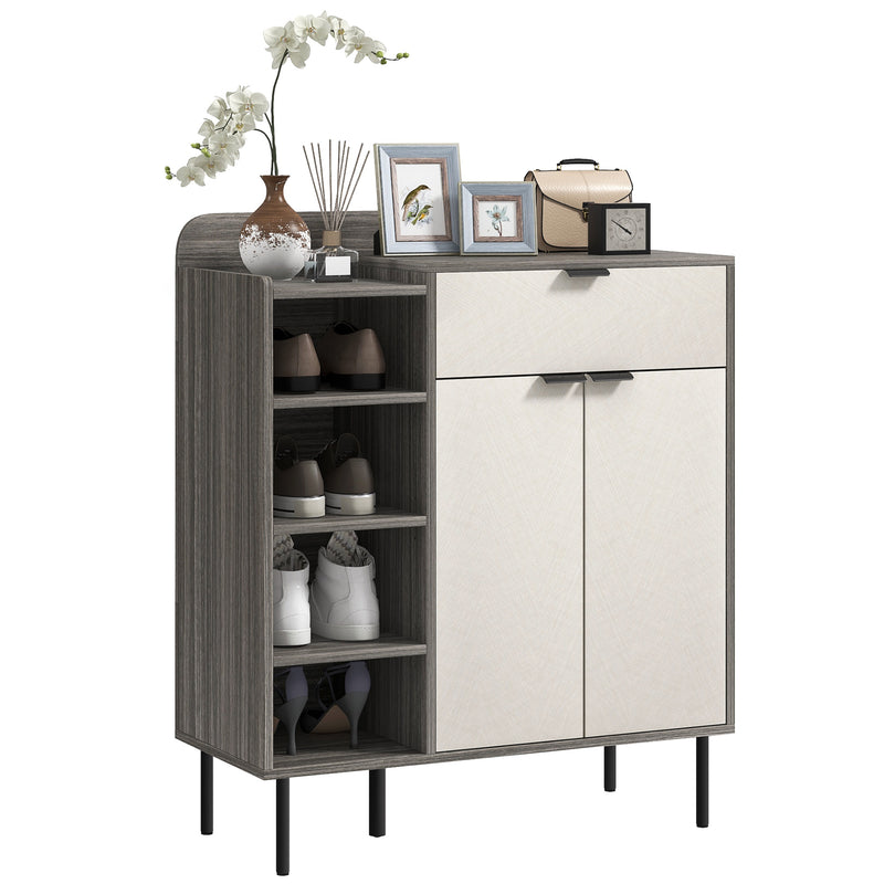 Modern 12 Pair Shoe Storage Cabinet With Drawers Ideal For Hallway or Bedroom Grey White