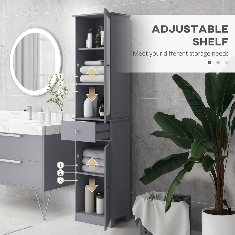 Tall Bathroom Storage Cabinet with Drawer and 3 Tier Shelves Slim Freestanding Unit Grey