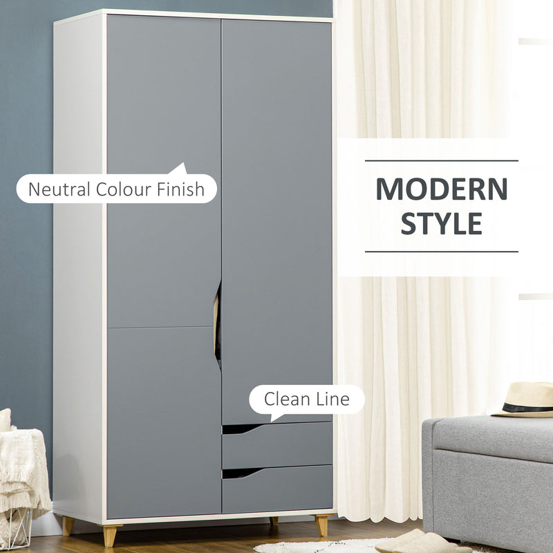 3 Piece Bedroom Furniture Set With Wardrobe And Storage Drawers For Home, Grey and White AOSOM