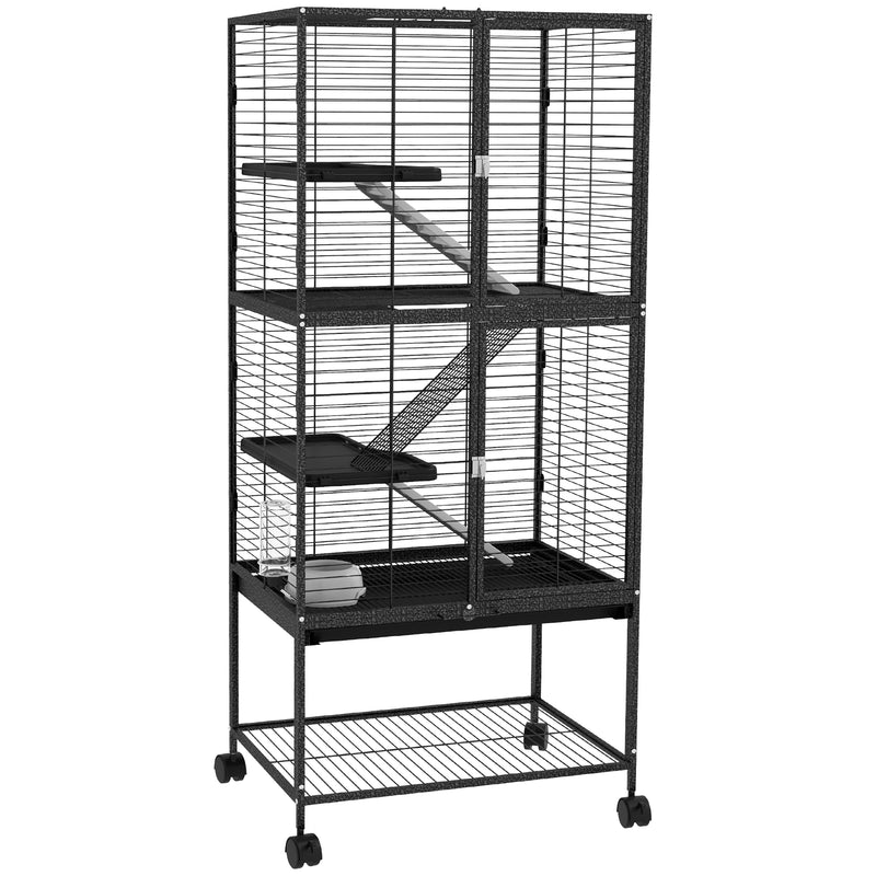 Rolling Small Animal Cage with Storage Shelf and Accessories for Ferrets or Chinchillas, Grey