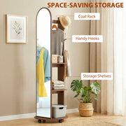 Full Length Mirror with Shelves and Hooks for Bedroom Storage on Wheels Brown Wood Effect Homcom