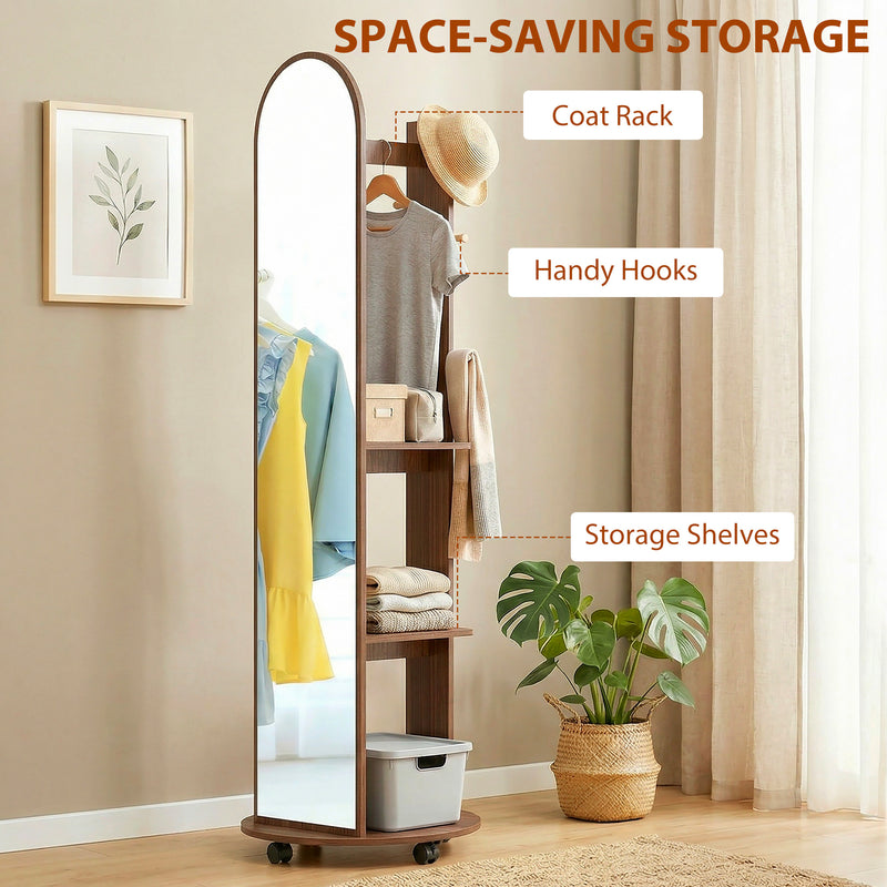 Full Length Mirror with Shelves and Hooks for Bedroom Storage on Wheels Brown Wood Effect Homcom