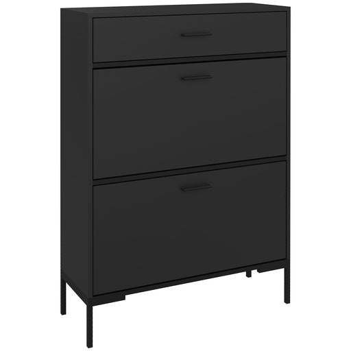 Slim Shoe Storage Cabinet for 12 Pairs with Three Drawers Ideal for Hallways Black