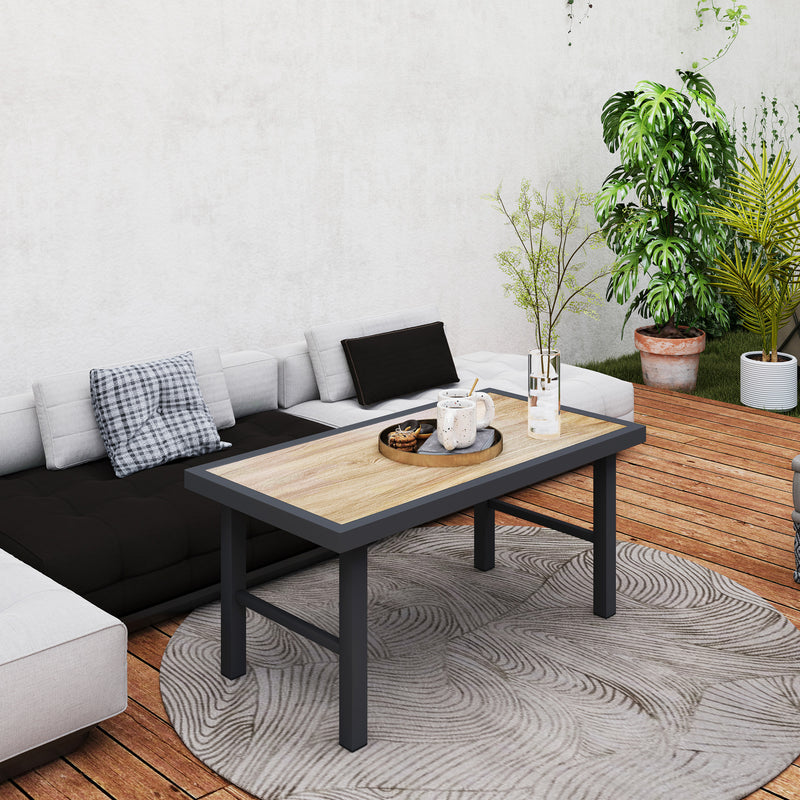 Metal Rectangular Garden Coffee Table with Woodgrain SPC Tabletop for Outdoors 100cm Brown by Outsunny