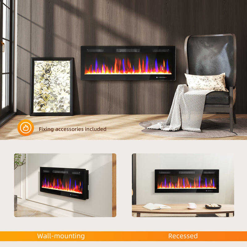 Wall Mounted Electric Fireplace 50 Inch With Recessed Design And Dual Heat Settings Black