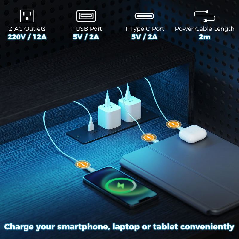 Computer Desk With Built-In Charging and RGB LED Lighting for Organised Home Workspace Black Wood-Effect