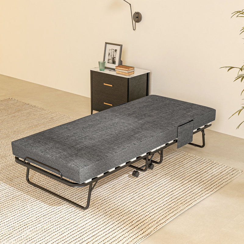 Single Folding Bed with Steel Frame and Wheels Black and Grey by HOMCOM
