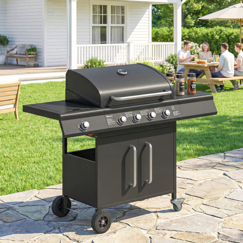 5 Burner Gas Barbecue Grill for Easy Family Cooking and Garden Entertaining Black Outsunny