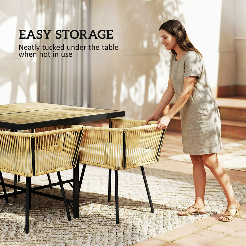 Rattan Garden Dining Set for 4 with Cushions and Space Saving Chairs, Beige Outsunny