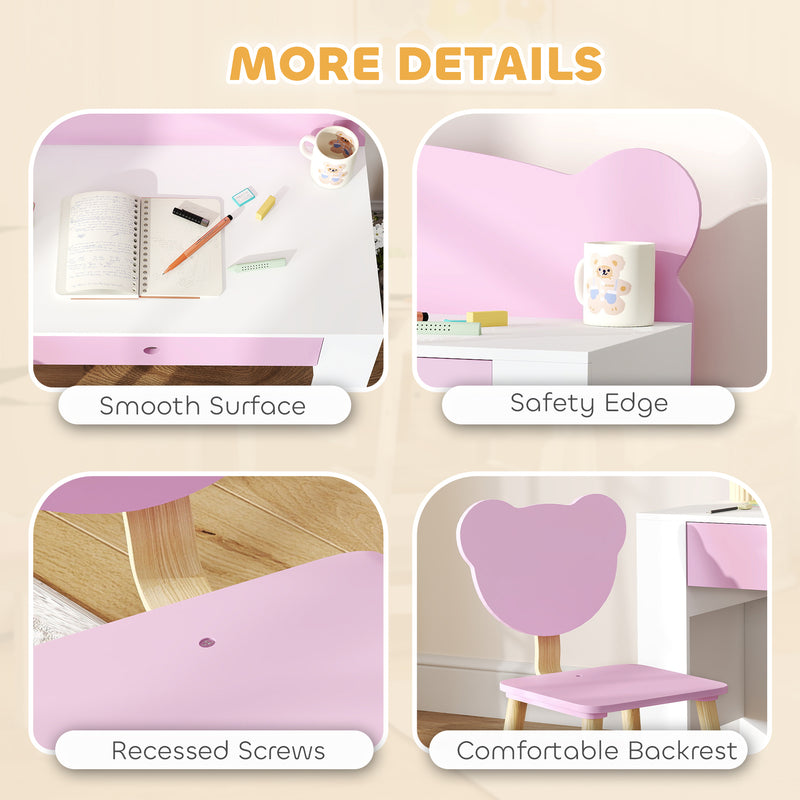 Kids Desk and Chair Set with Storage Drawer for Study and Play Pink White AOSOM
