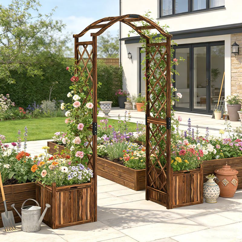 Wooden Garden Arch with Planter Boxes and Trellis Sides for Climbing Plants Carbonised