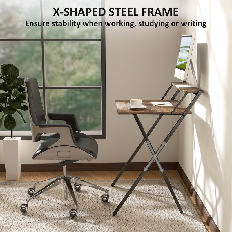 Rustic Brown Folding Computer Desk with Monitor Shelf 70 cm Space Saving Design by HOMCOM