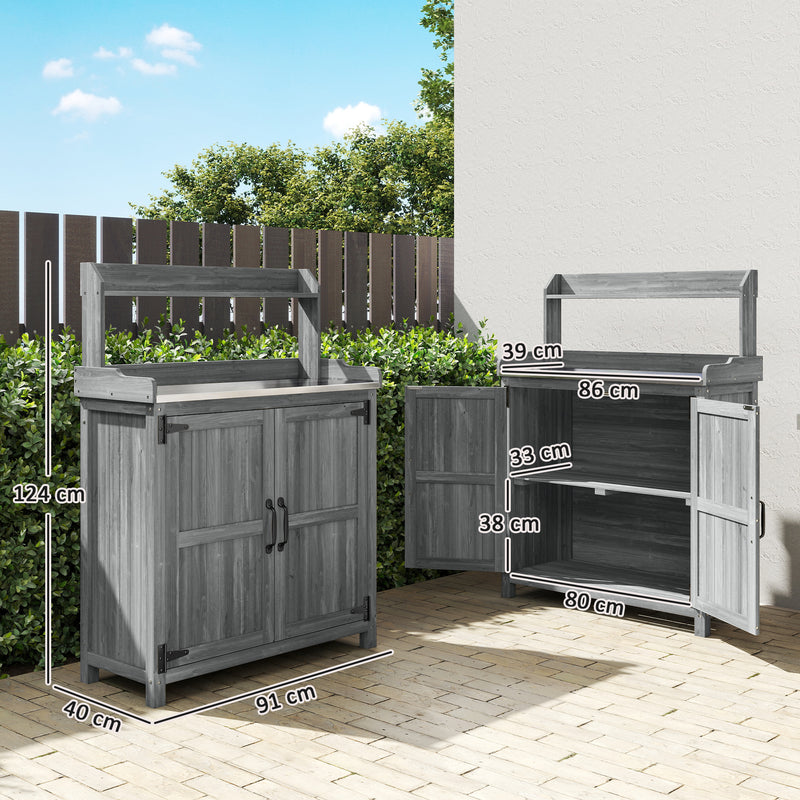 Grey Wooden Garden Potting Bench with Metal Worktop and Storage Cupboard for Outdoor Organisation