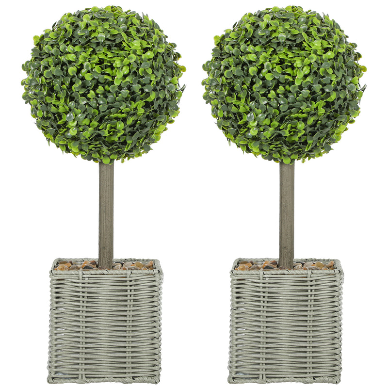 Set of 2 Artificial Boxwood Topiary Plants in Woven Pots Ideal for Home or Office Green