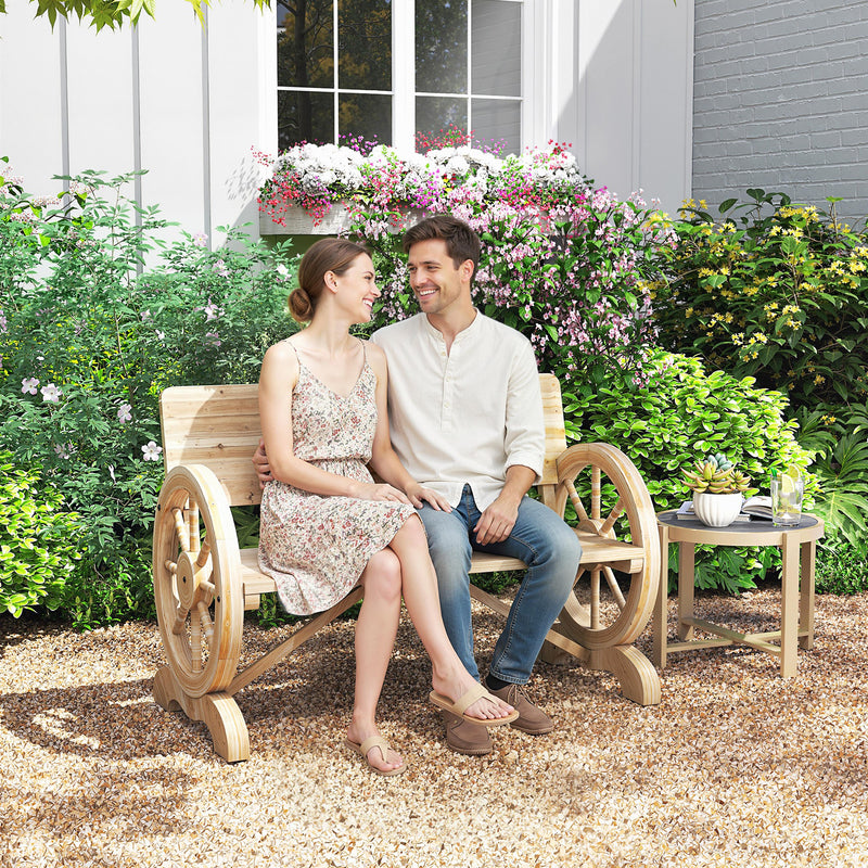 Wooden Garden Bench with Wagon Wheel Design for Two People Natural Wood Finish Outsunny