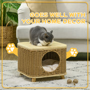 Elevated Wicker Cat House with Soft Washable Cushion Ideal for Indoor Use, Light Brown