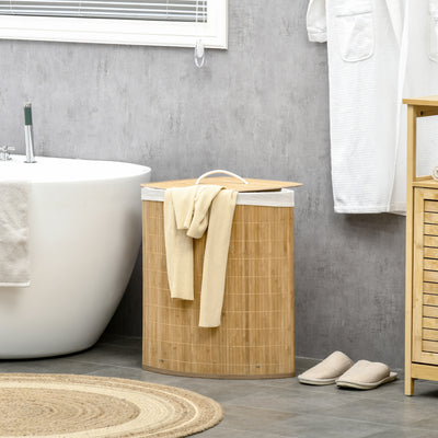 Bamboo Laundry Basket With Lid And Removable Liner 55L For Corner Storage, Natural
