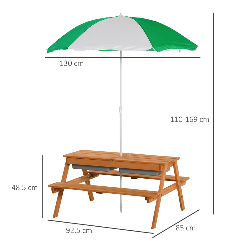 Kids Wooden Picnic Table with Benches Sand and Water Play Adjustable Parasol by Outsunny