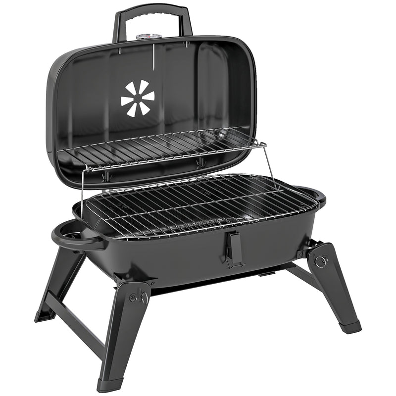 Folding Charcoal BBQ Grill with Thermometer Adjustable Vent and Handles by Outsunny