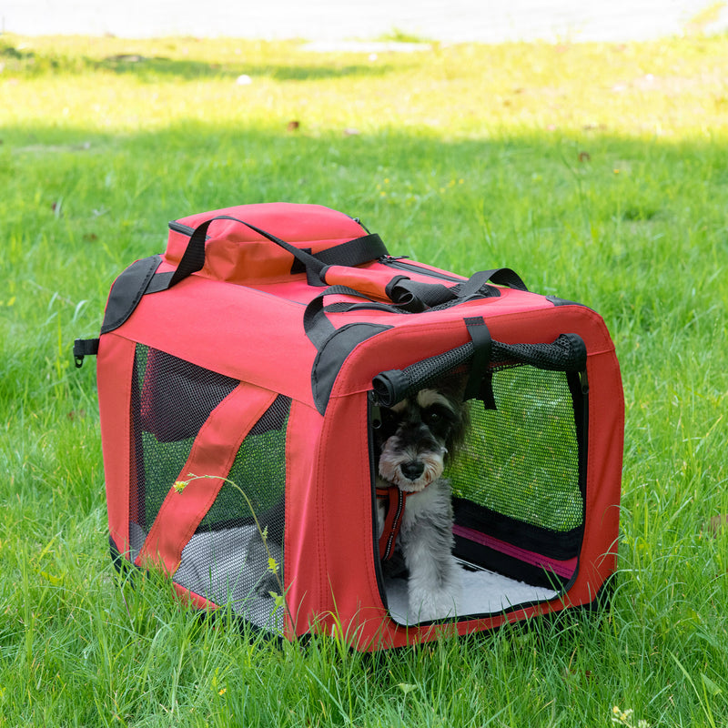 Foldable Soft Pet Carrier for Small Dogs and Cats with Mesh Windows and Storage Bags, Red