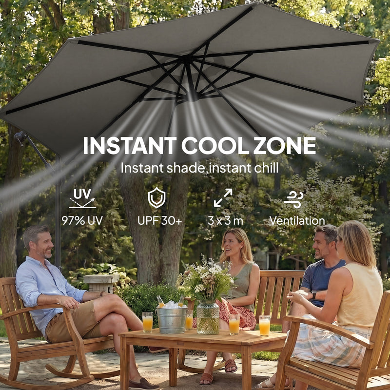 3m Cantilever Garden Umbrella with Weighted Base 360 Degree Rotation for Flexible Patio Shade, Grey