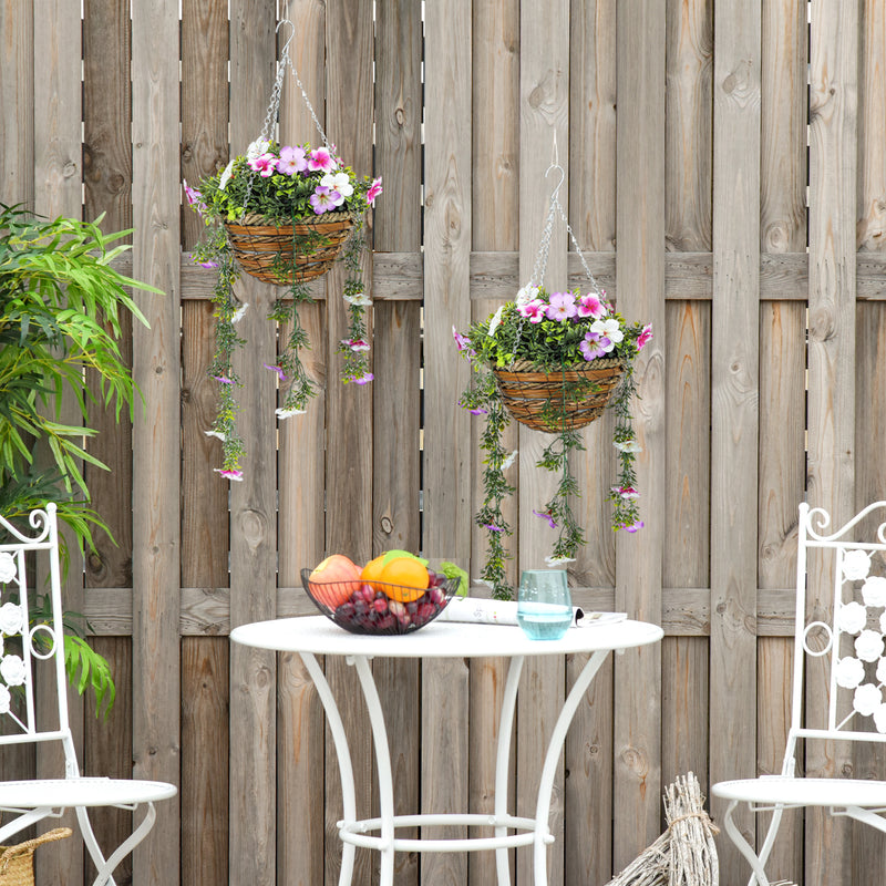 Set of 2 Artificial Azalea Hanging Baskets Pink and White Faux Silk Flowers by HOMCOM