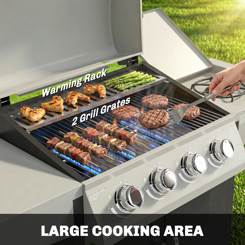 4 Burner Gas BBQ Grill with Side Burner and Warming Rack for Easy Outdoor Cooking Black Outsunny