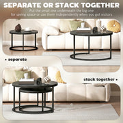 Nesting Coffee Table Set of 2 Space Saving Tables for Living Room Black Wood Grain AOSOM