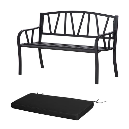 2 Seater Metal Garden Bench with Cushion and Decorative Backrest Black by Outsunny