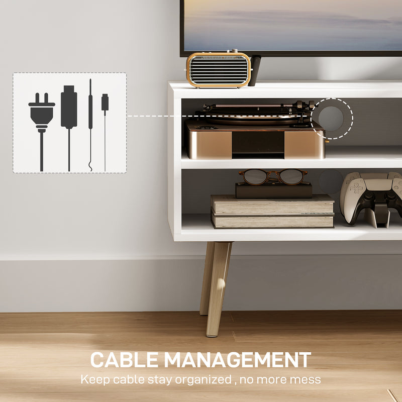 White TV Stand for TVs up to 55 Inches with Open Shelves and Cable Management