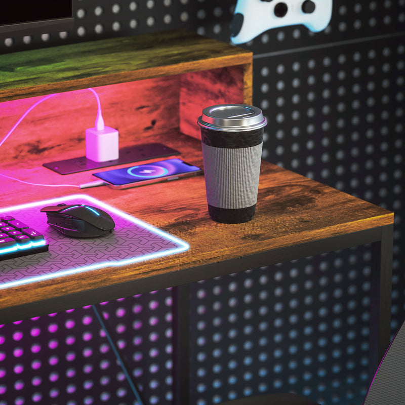 120cm Gaming Desk with LED Lights and Power Outlets Rustic Brown by HOMCOM