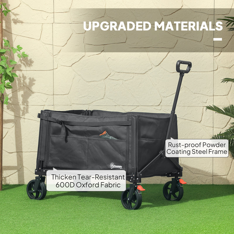 Black 150L Folding Trolley Wagon with Brakes and Adjustable Handle by Outsunny