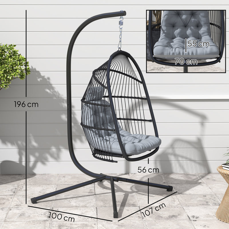 Dark Grey Rattan Hanging Egg Chair with Stand and Cushion for Garden or Indoor Use by Outsunny