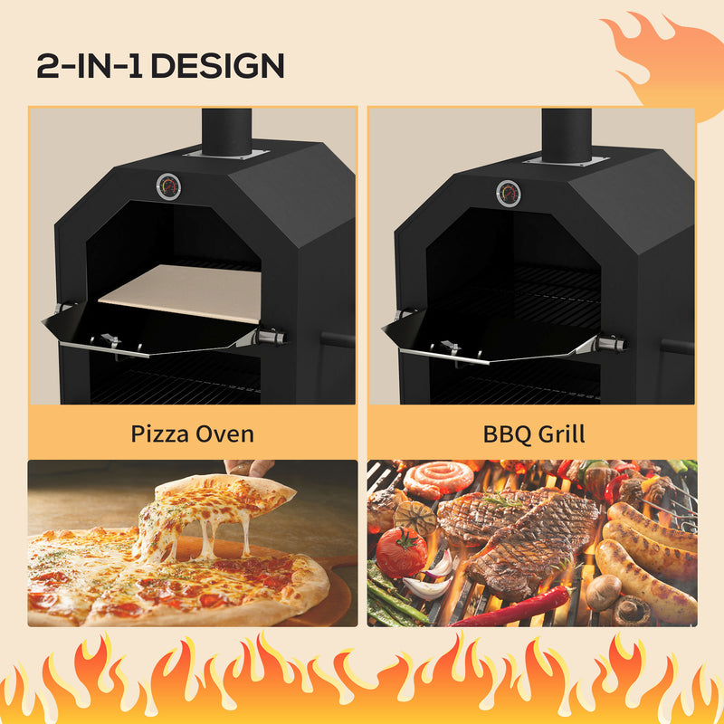 Black Steel 3 Tier Outdoor Pizza Oven and Charcoal BBQ Grill for Garden Entertaining
