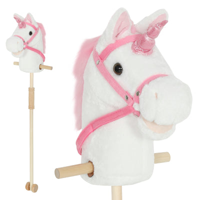 Unicorn Stick Horse Toy With Wheels and Realistic Sounds for Kids Riding Fun White AOSOM