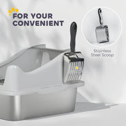Stainless Steel Cat Litter Box With High Sides and Scoop For Easy Cleaning, Silver