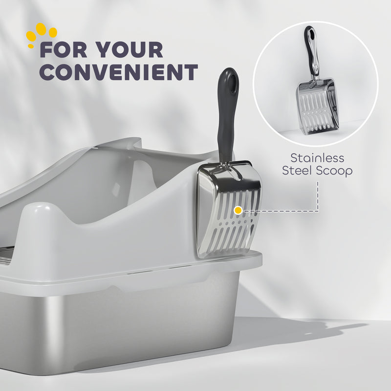 Stainless Steel Cat Litter Box With High Sides and Scoop For Easy Cleaning, Silver