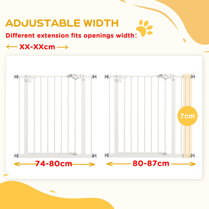 Adjustable Metal Dog Safety Gate 74 to 87cm Wide for Doorways and Stairs White