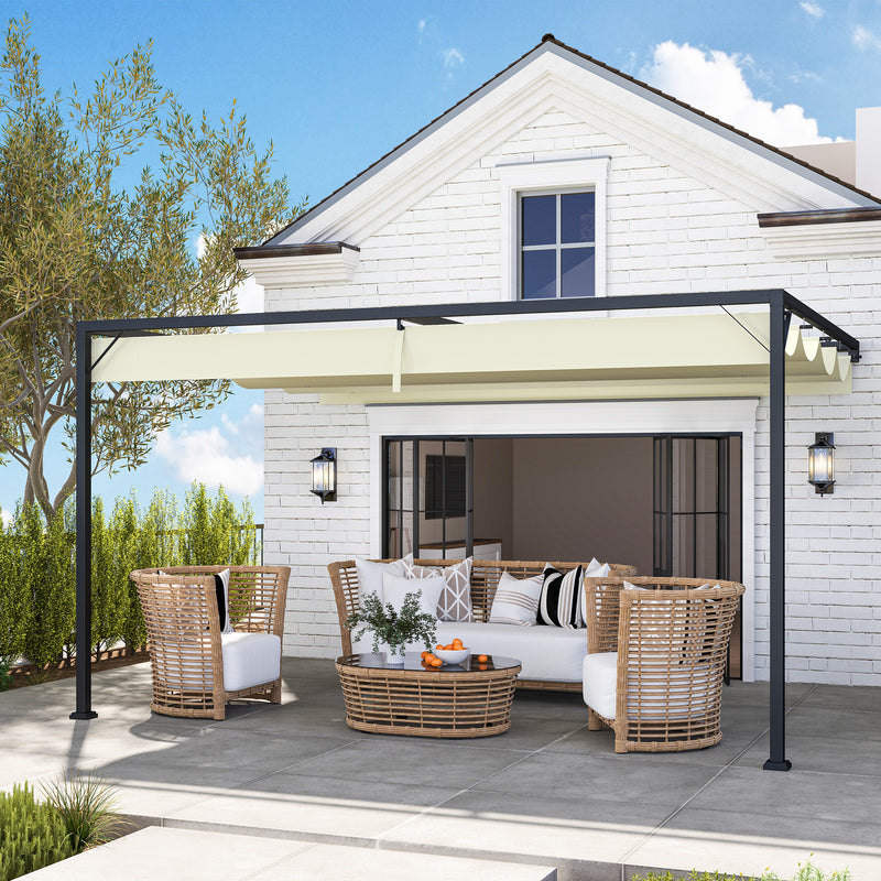 Cream White 4 x 3m Wall Mounted Pergola with Retractable Canopy by Outsunny